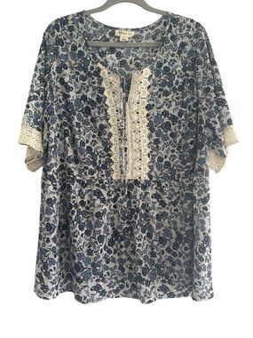 Style & Co. Blue Floral Tunic with Cream Crochet Trim